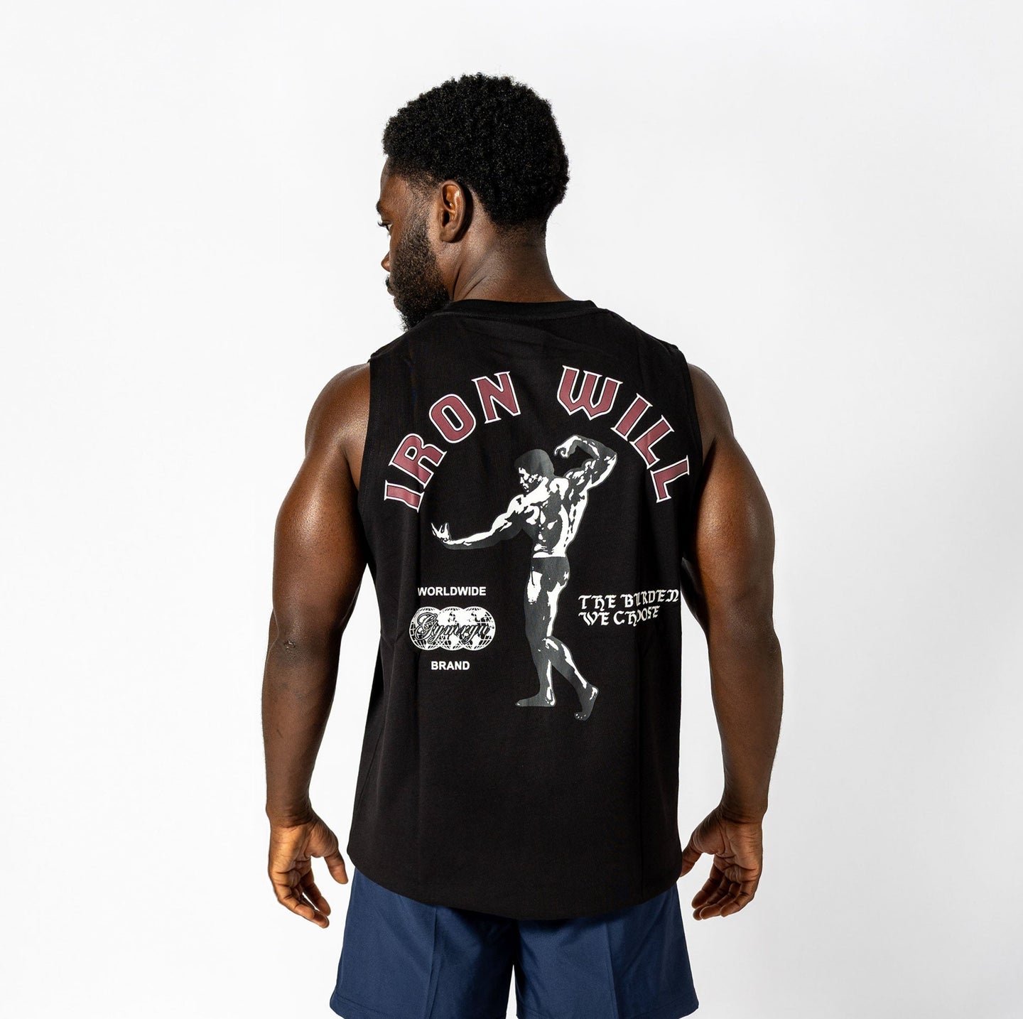 Black Iron Will muscle tank with raw cut-off style and bold graphics, crafted for lifters for optimal airflow and comfort.