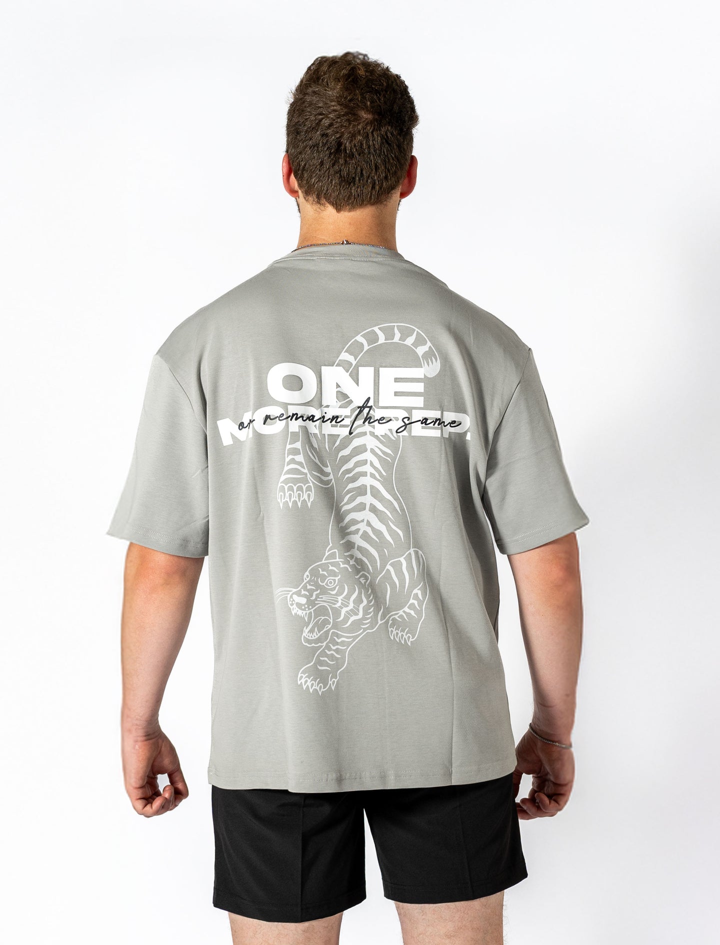 One more rep oversized tee Stone Gray back
